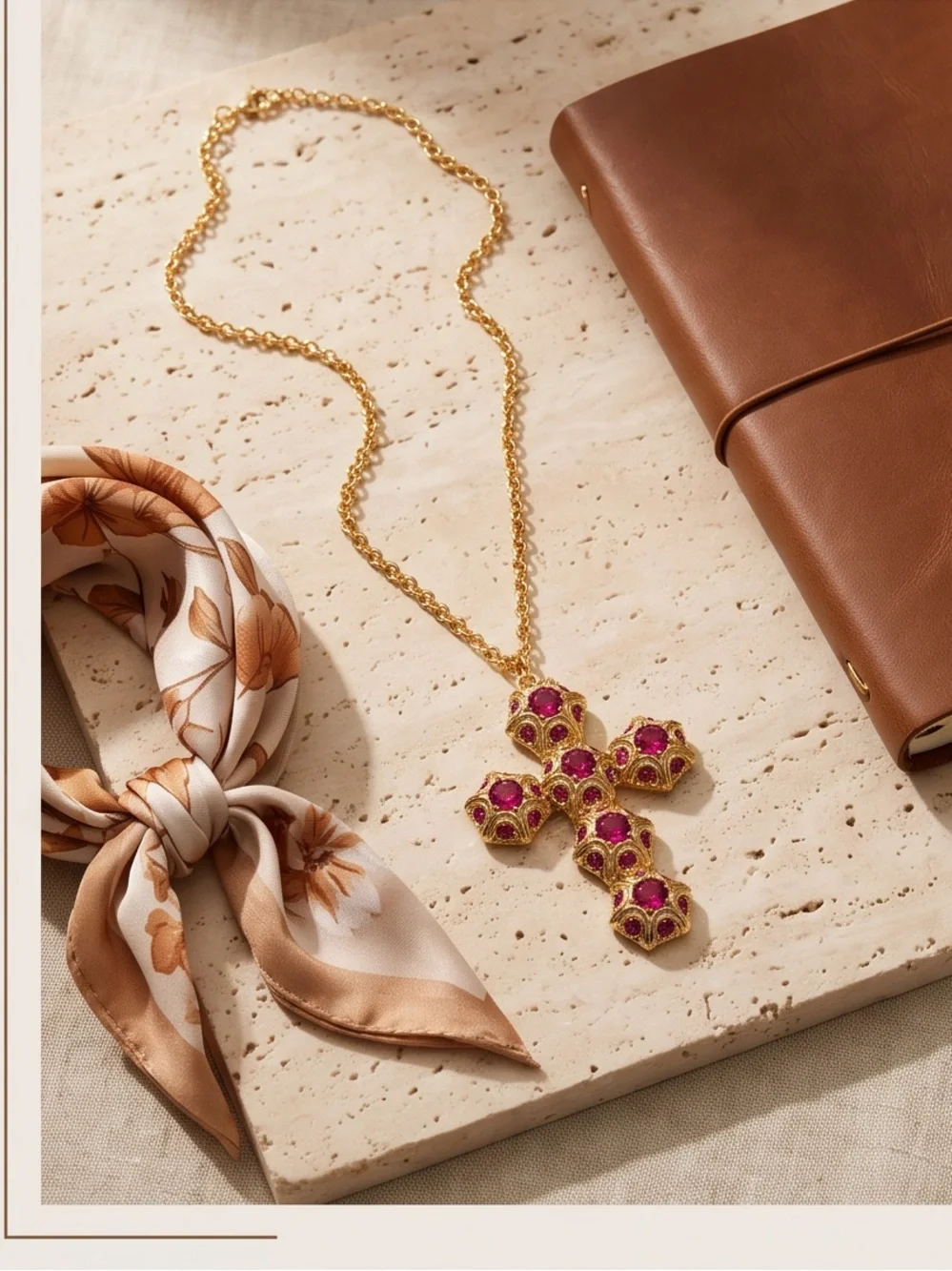 Gold-Tone Cross Pendant Necklace with Fuchsia Accents